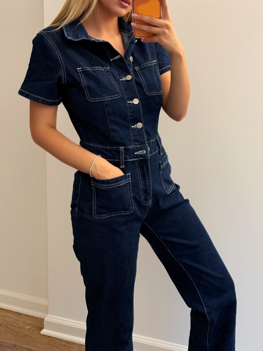 Fashion Nova Dark Indigo Denim Short Sleeve Jumpsuit